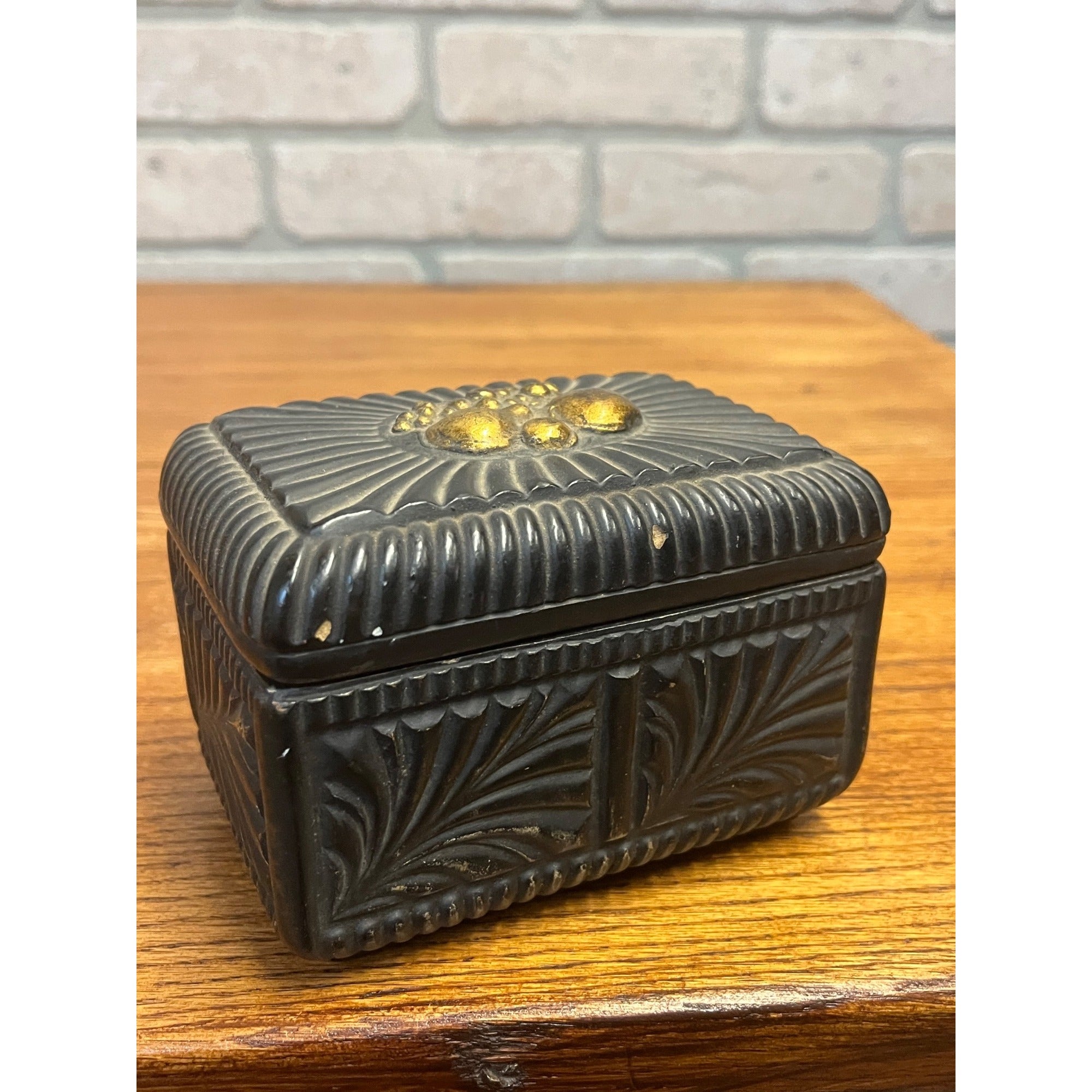 Vintage Borghese Black Ceramic Trinket Box Jewelry Casket Gold Gilt Lidded