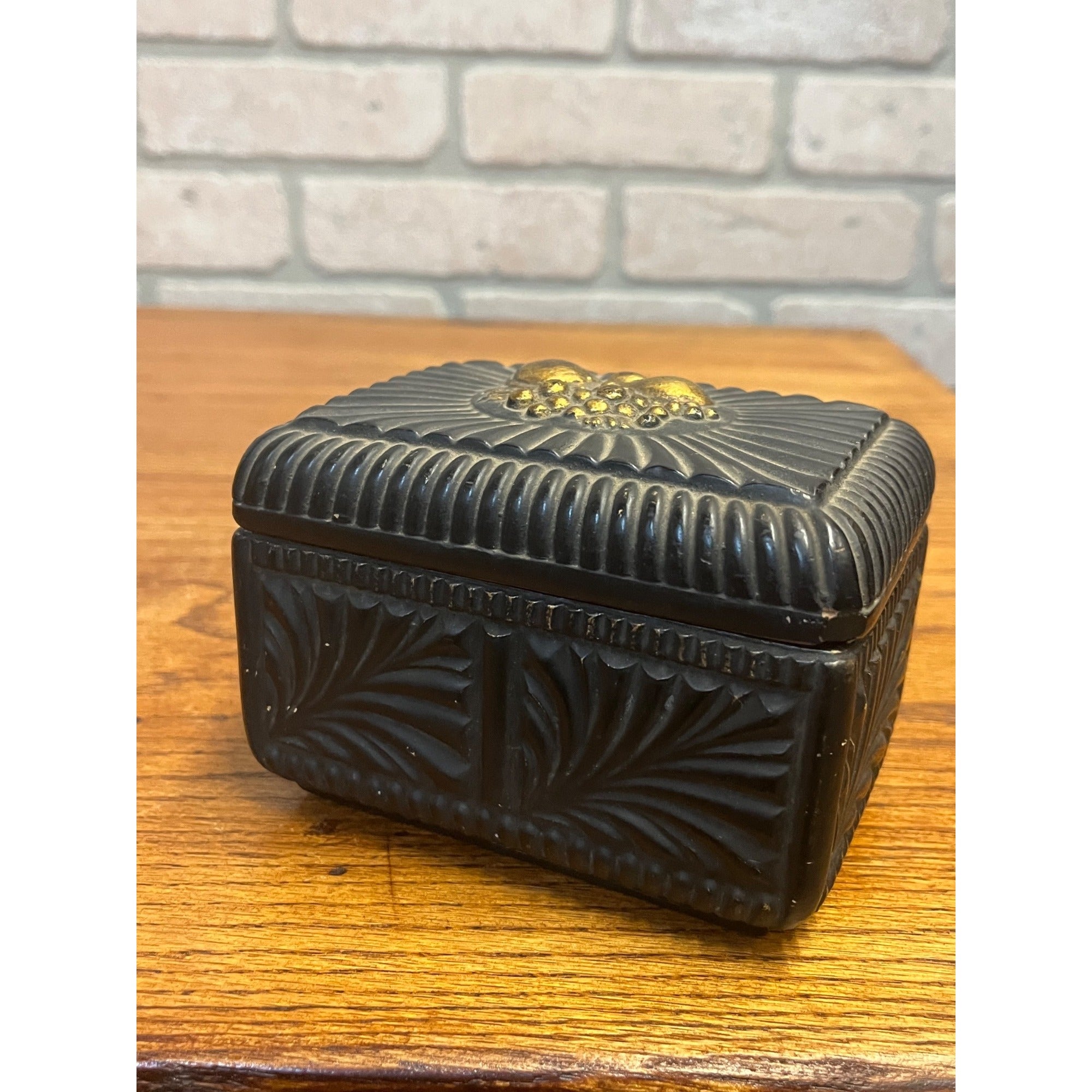 Vintage Borghese Black Ceramic Trinket Box Jewelry Casket Gold Gilt Lidded