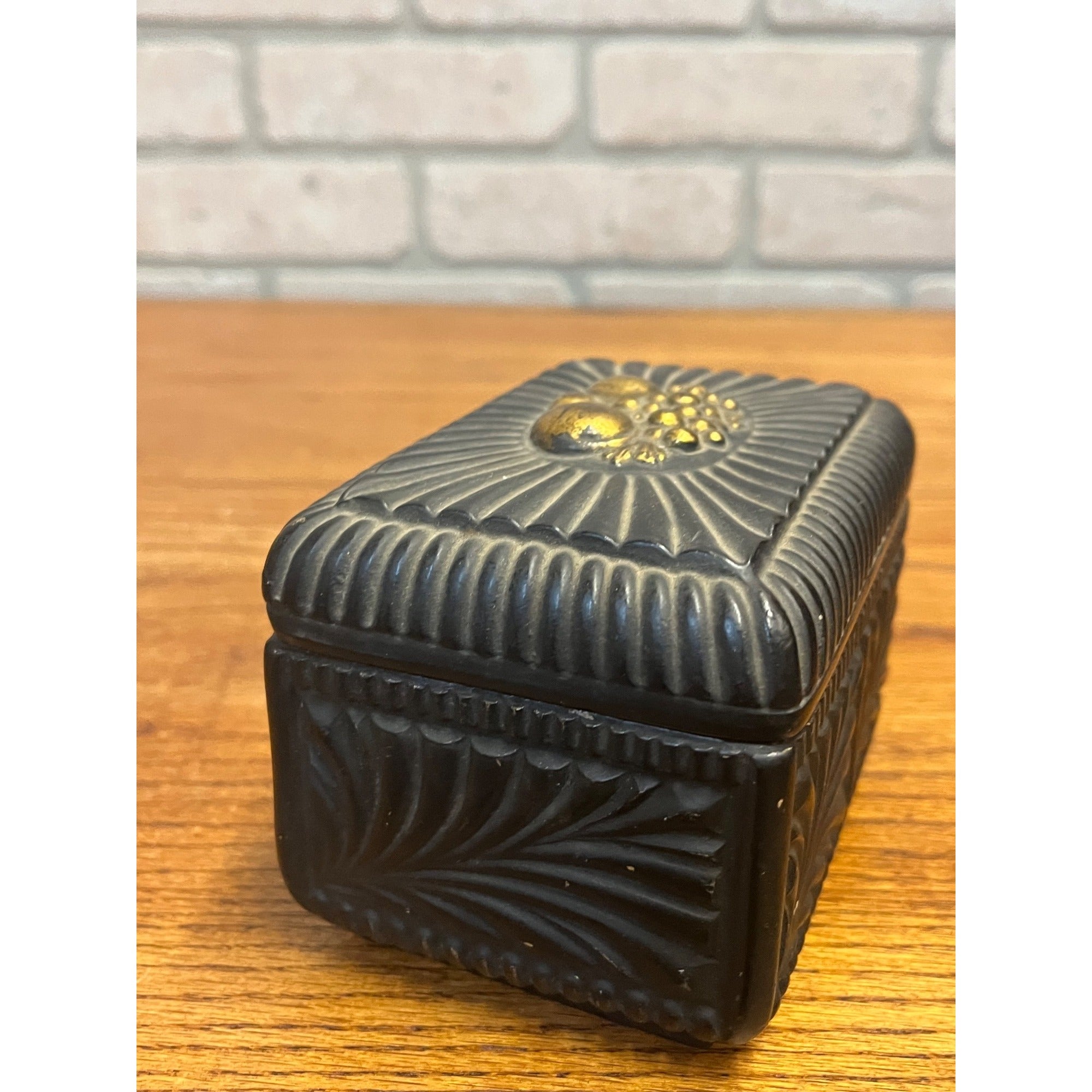 Vintage Borghese Black Ceramic Trinket Box Jewelry Casket Gold Gilt Lidded