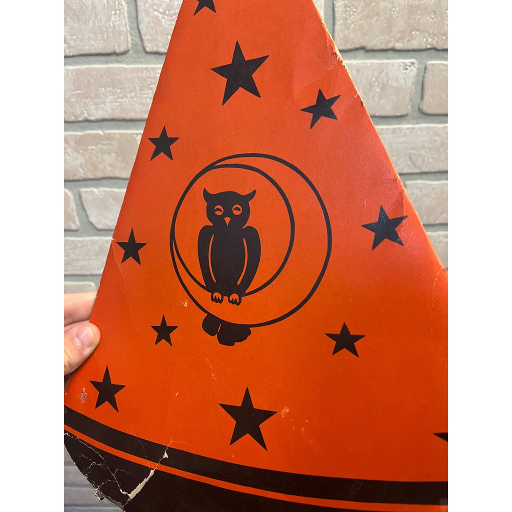 RARE Vintage 1930s Beistle Halloween Cardboard Party Hat Crescent Moon Owl Stars