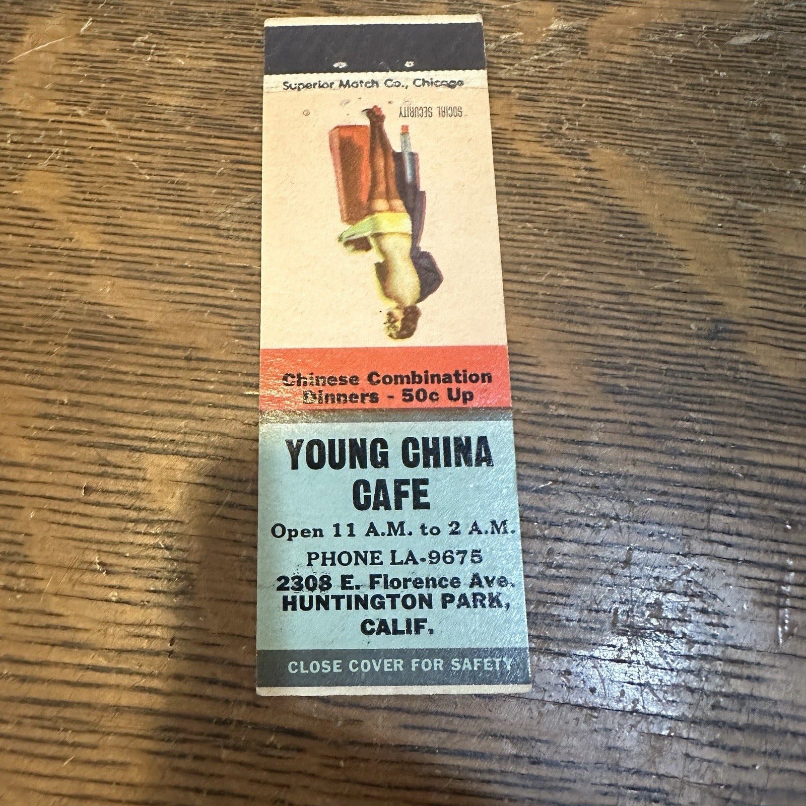 1940s 1950s Pinup Girl Matchbook Cover Young China Cafe Huntington Park CA