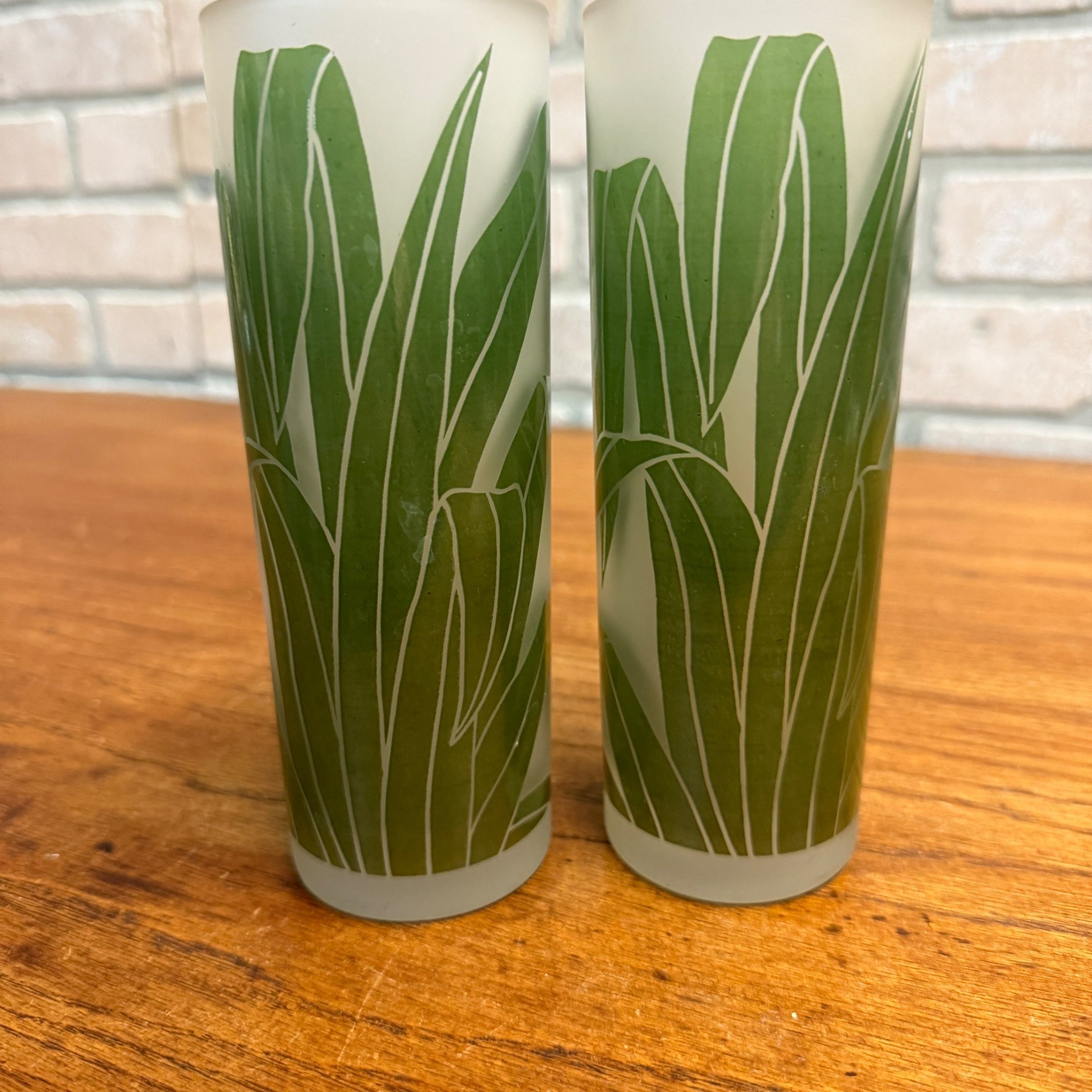VTG SET 2 TASTESETTERS FROSTED PALM LEAF TOM COLLINS/TUMBLER GLASSES TIKI 12OZ