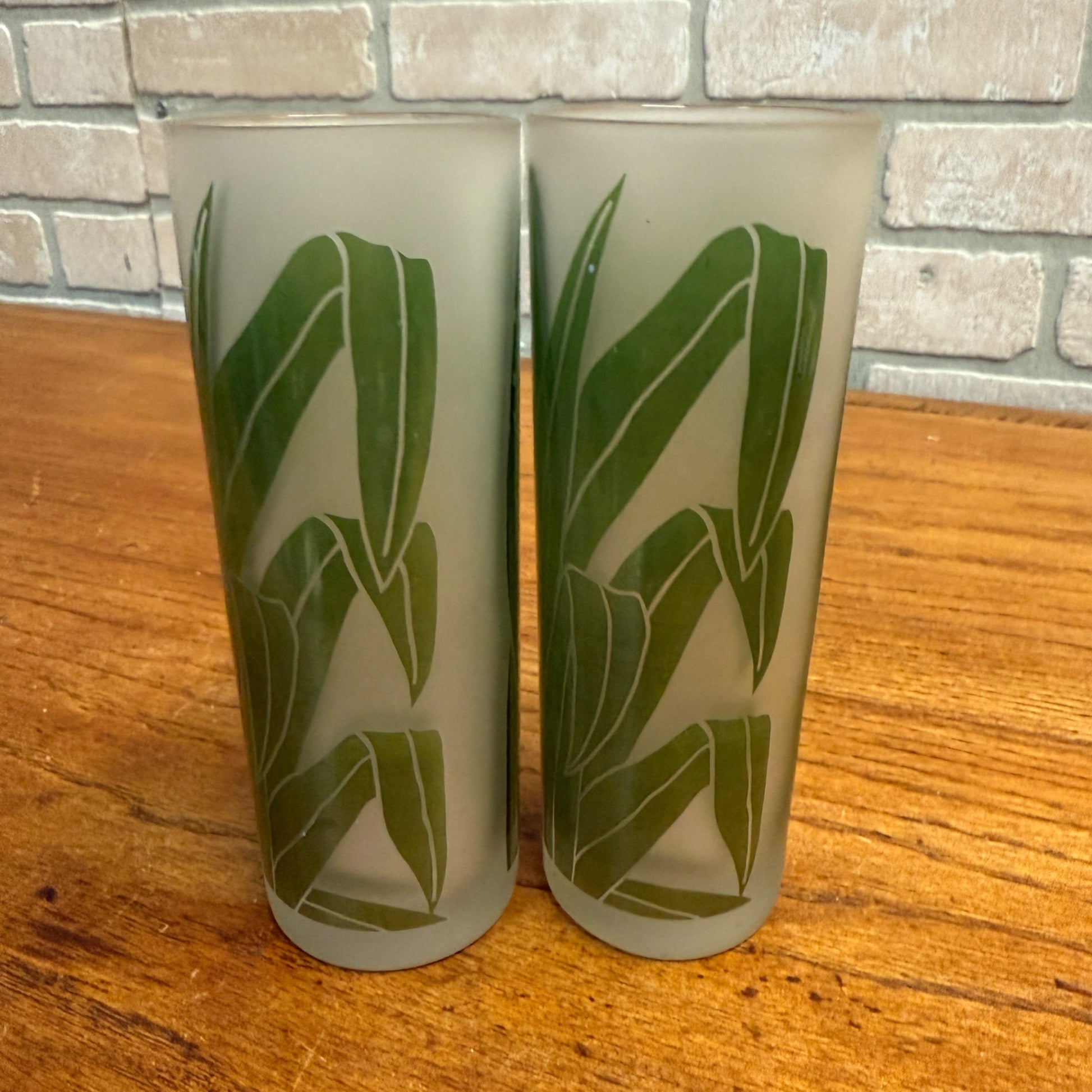 VTG SET 2 TASTESETTERS FROSTED PALM LEAF TOM COLLINS/TUMBLER GLASSES TIKI 12OZ