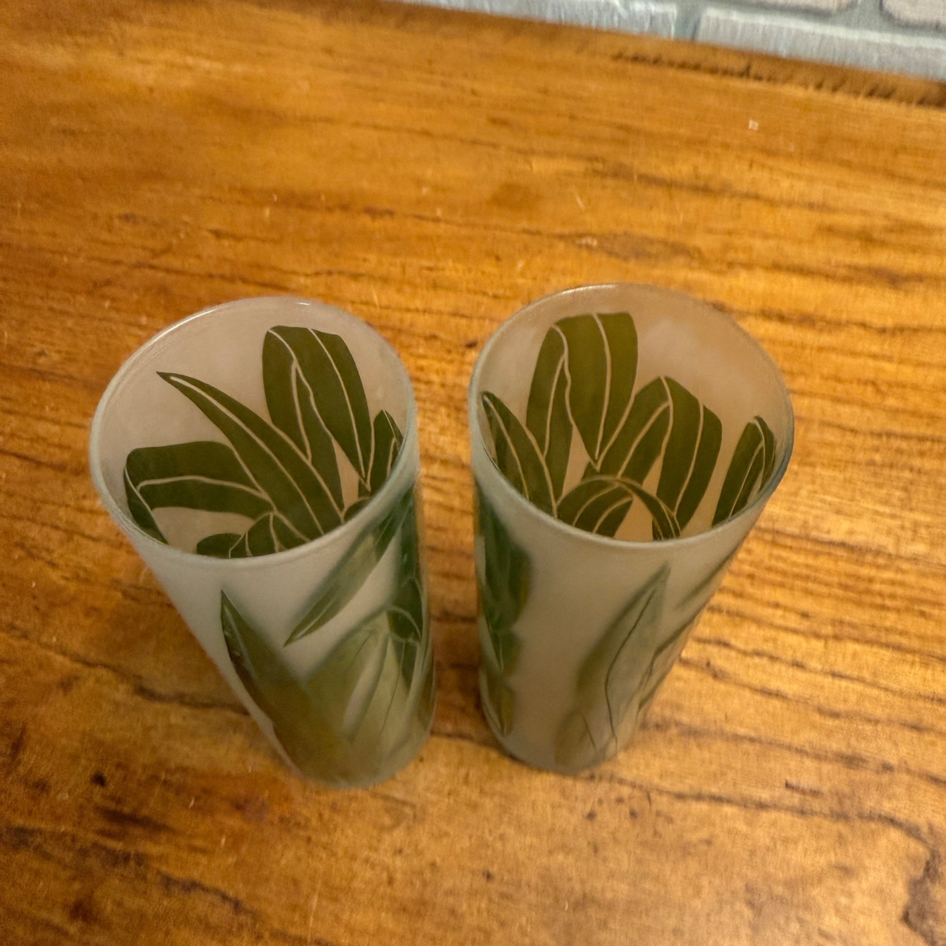 VTG SET 2 TASTESETTERS FROSTED PALM LEAF TOM COLLINS/TUMBLER GLASSES TIKI 12OZ