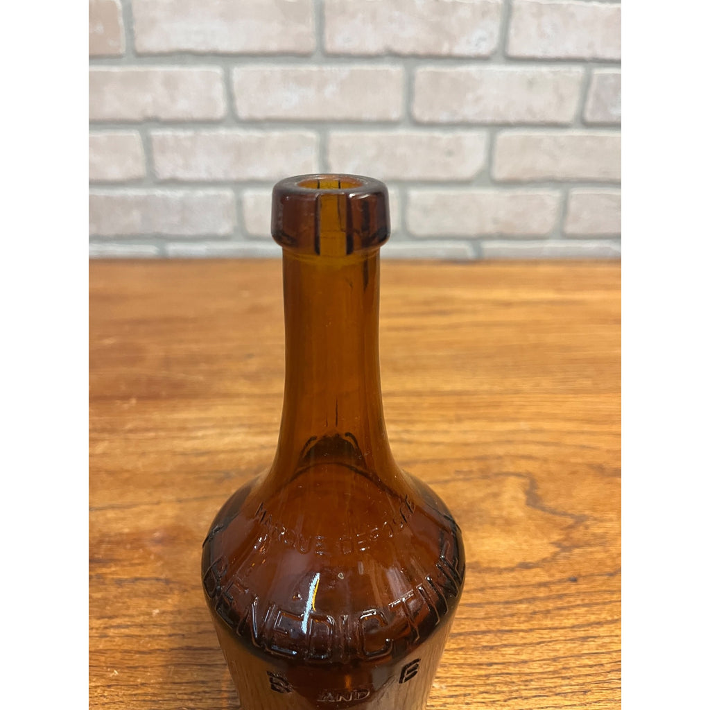 Antique Benedictine Wine Bottle Amber Brown Embossed Glass Bottle