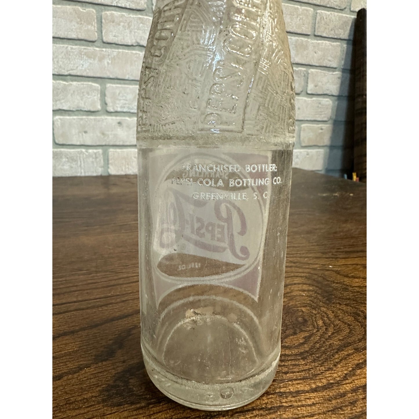 Vintage 1950s Pepsi Cola 12oz Glass Red White Soda Bottle - Greenville SC