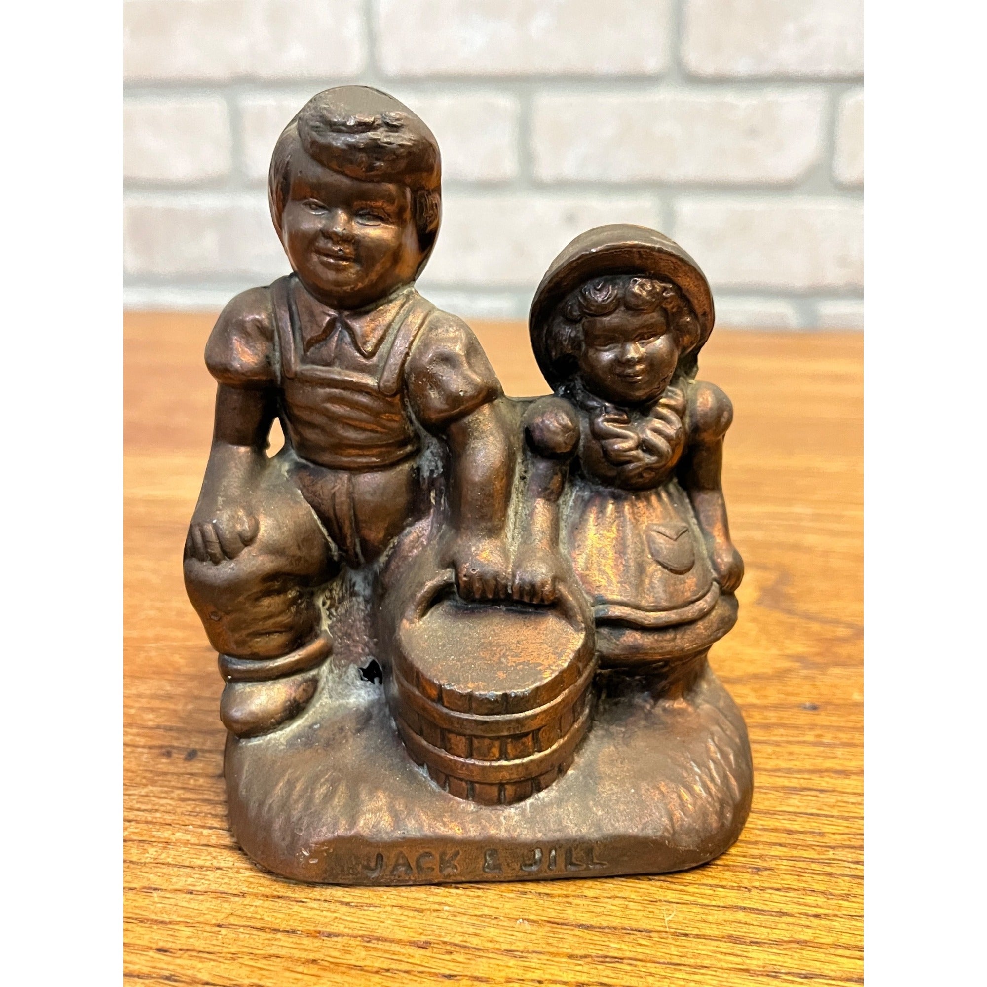 Vintage Jack and Jill Cast Bank / Pot Metal / Bronze Finish / Nursery Rhyme