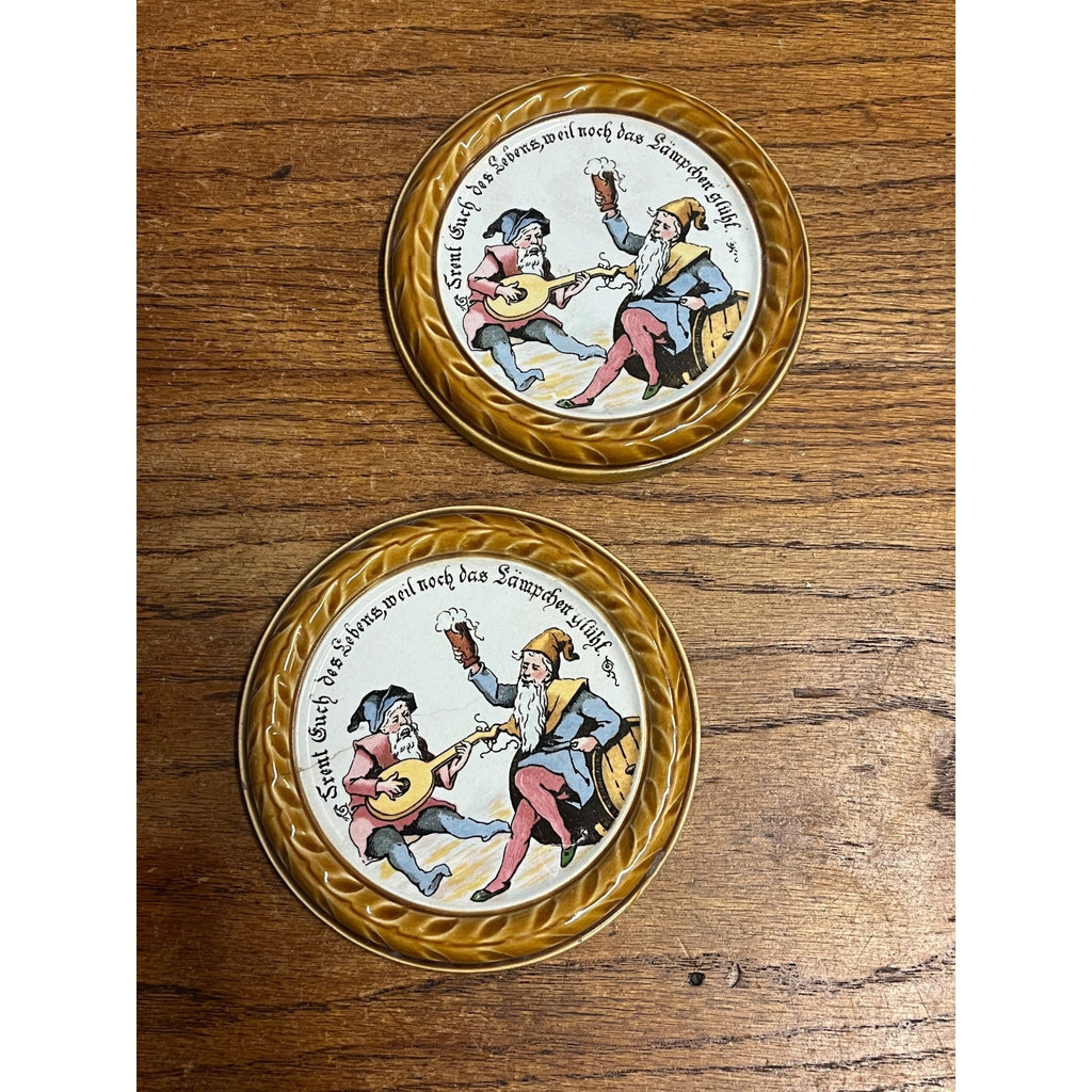 Rare Antique Villeroy & Boch Mettlach Coaster w/Gnomes #1032 Lot (2)