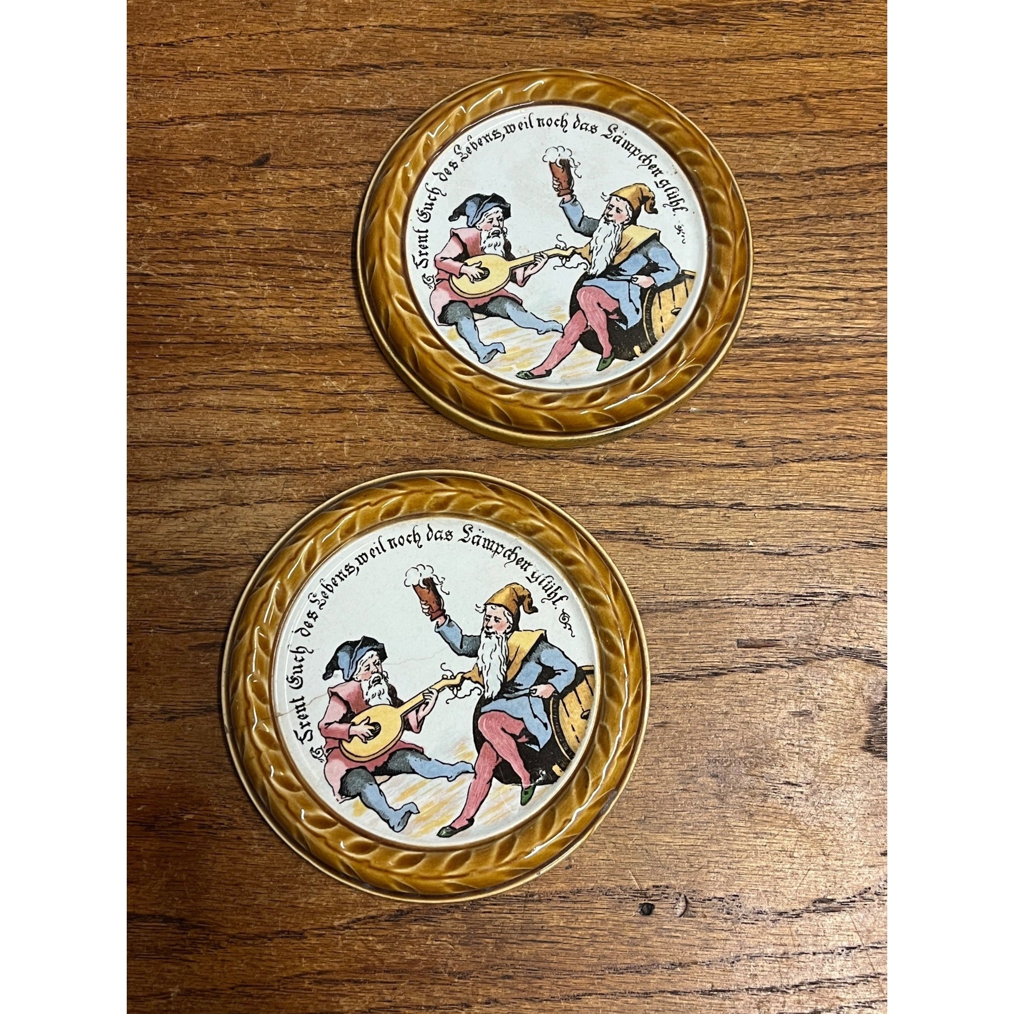 Rare Antique Villeroy & Boch Mettlach Coaster w/Gnomes #1032 Lot (2)