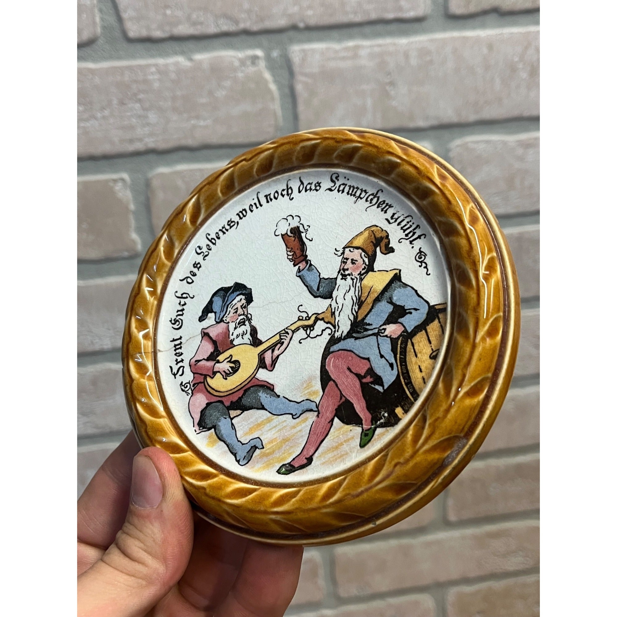 Rare Antique Villeroy & Boch Mettlach Coaster w/Gnomes #1032 Lot (2)
