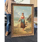 Original Vintage Oil Painting Coastal Woman Fishing Basket OOB Framed
