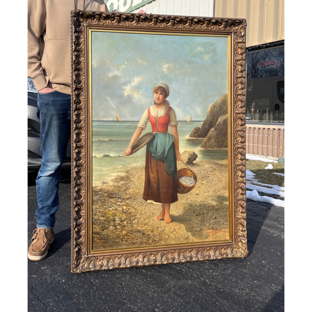Original Vintage Oil Painting Coastal Woman Fishing Basket OOB Framed