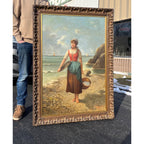 Original Vintage Oil Painting Coastal Woman Fishing Basket OOB Framed