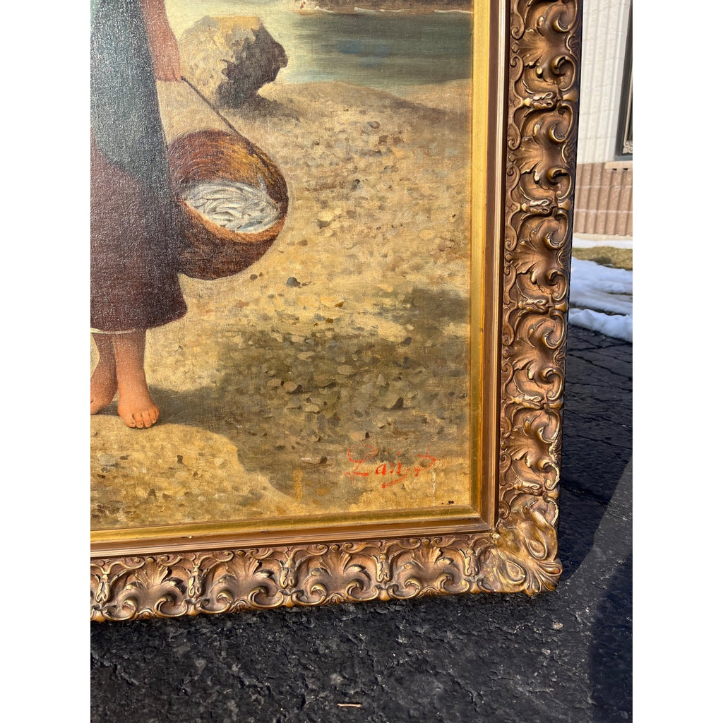 Original Vintage Oil Painting Coastal Woman Fishing Basket OOB Framed