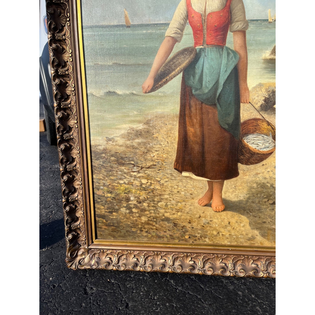 Original Vintage Oil Painting Coastal Woman Fishing Basket OOB Framed