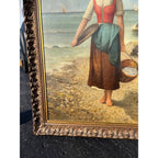 Original Vintage Oil Painting Coastal Woman Fishing Basket OOB Framed