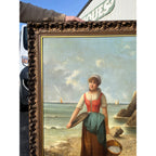 Original Vintage Oil Painting Coastal Woman Fishing Basket OOB Framed