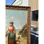 Original Vintage Oil Painting Coastal Woman Fishing Basket OOB Framed