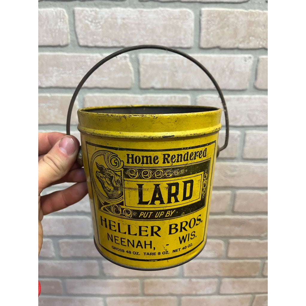 Vintage Heller Bros Lard Tin Pail Advertising Neenah WI Wisconsin Primitive