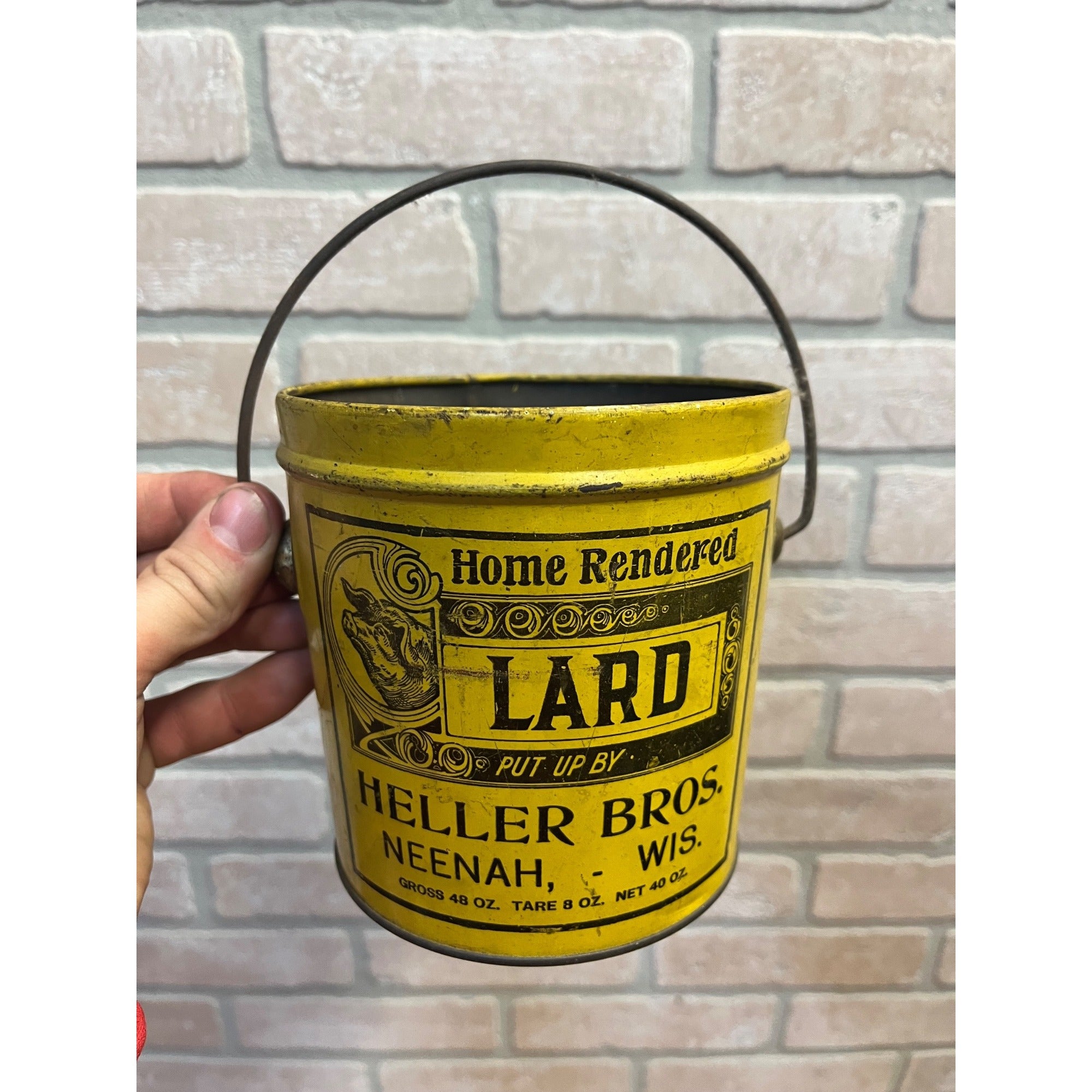 Vintage Heller Bros Lard Tin Pail Advertising Neenah WI Wisconsin Primitive
