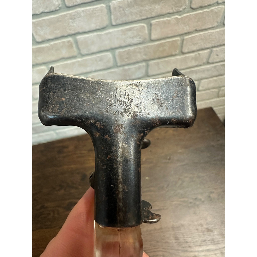 Vintage Pyrex Flameware Detachable Locking Handle Clear Glass & Metal