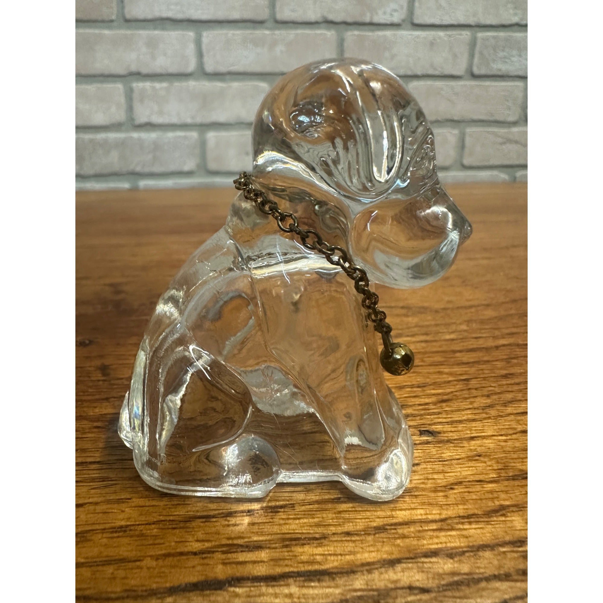 Vintage Degenhart Clear Glass 3" Sitting Dog Pooche Figurine w/ Chain