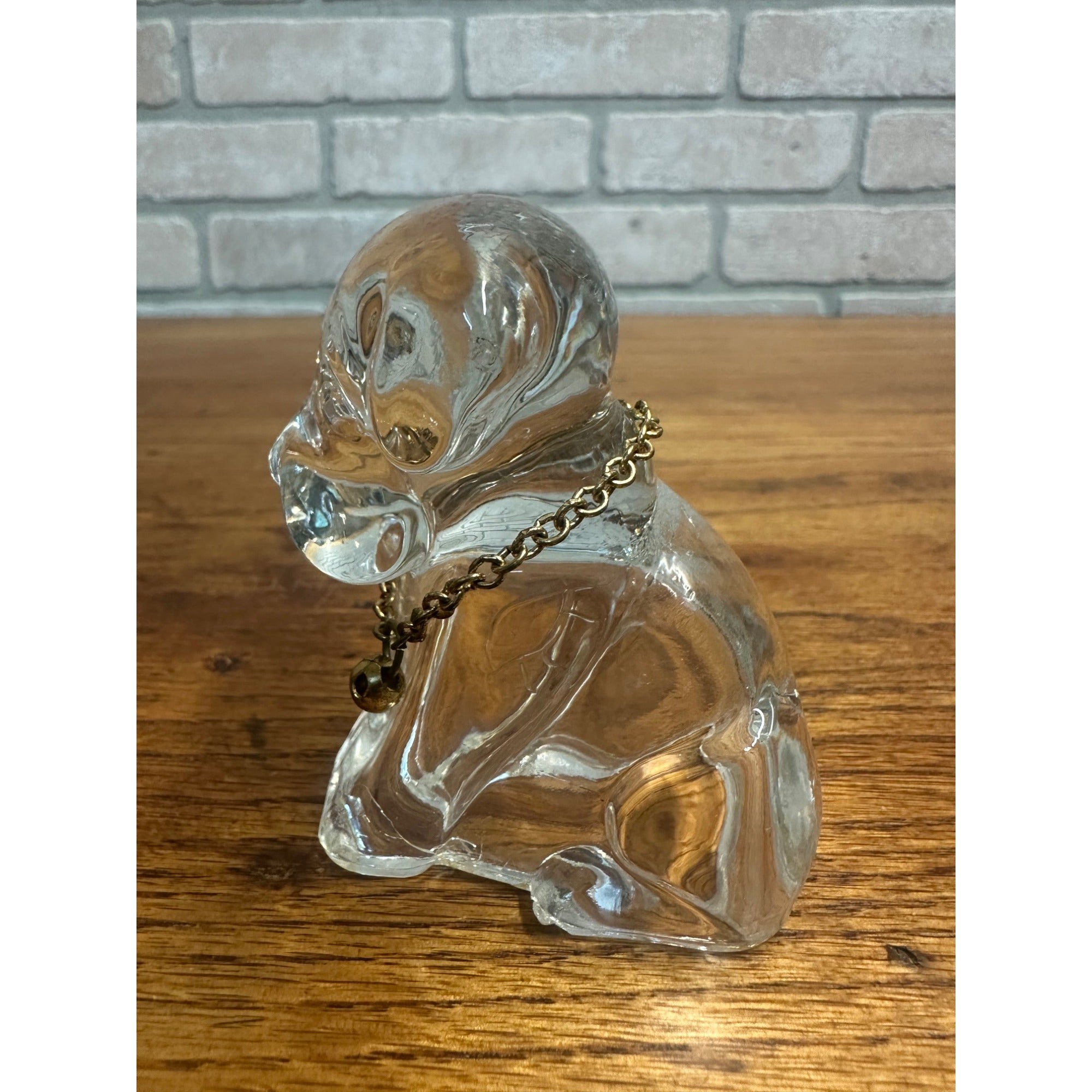 Vintage Degenhart Clear Glass 3" Sitting Dog Pooche Figurine w/ Chain