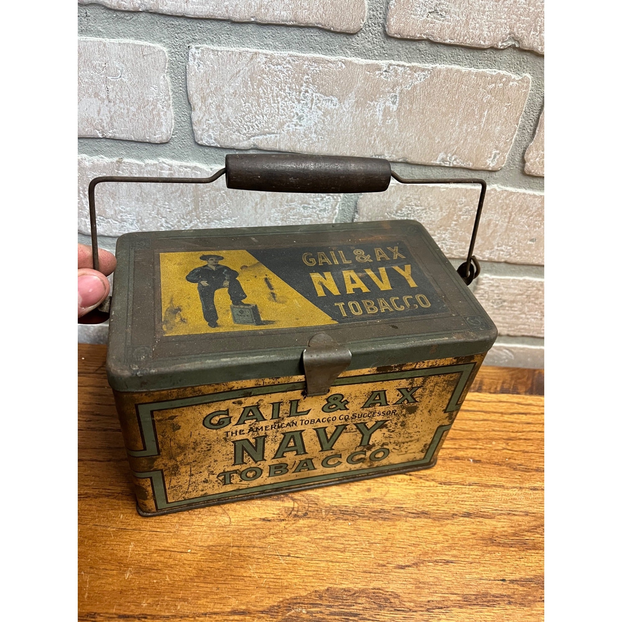 Vintage Gail & Ax Navy Tobacco Advertising Tin Lunch Pail Can American Co.