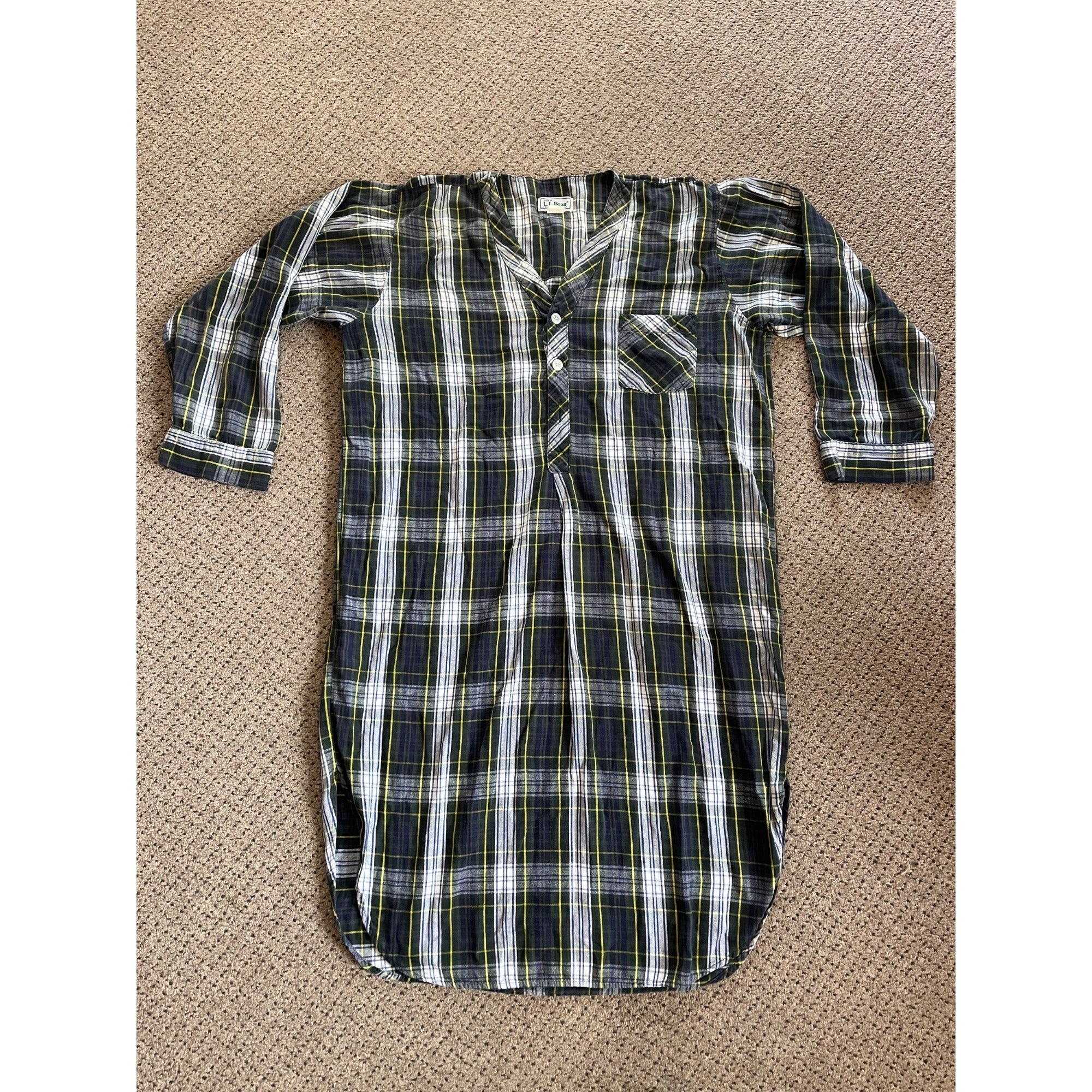 Vintage L.L. Bean Sleepshirt Mens Large Green Plaid Flannel Henley Nightshirt