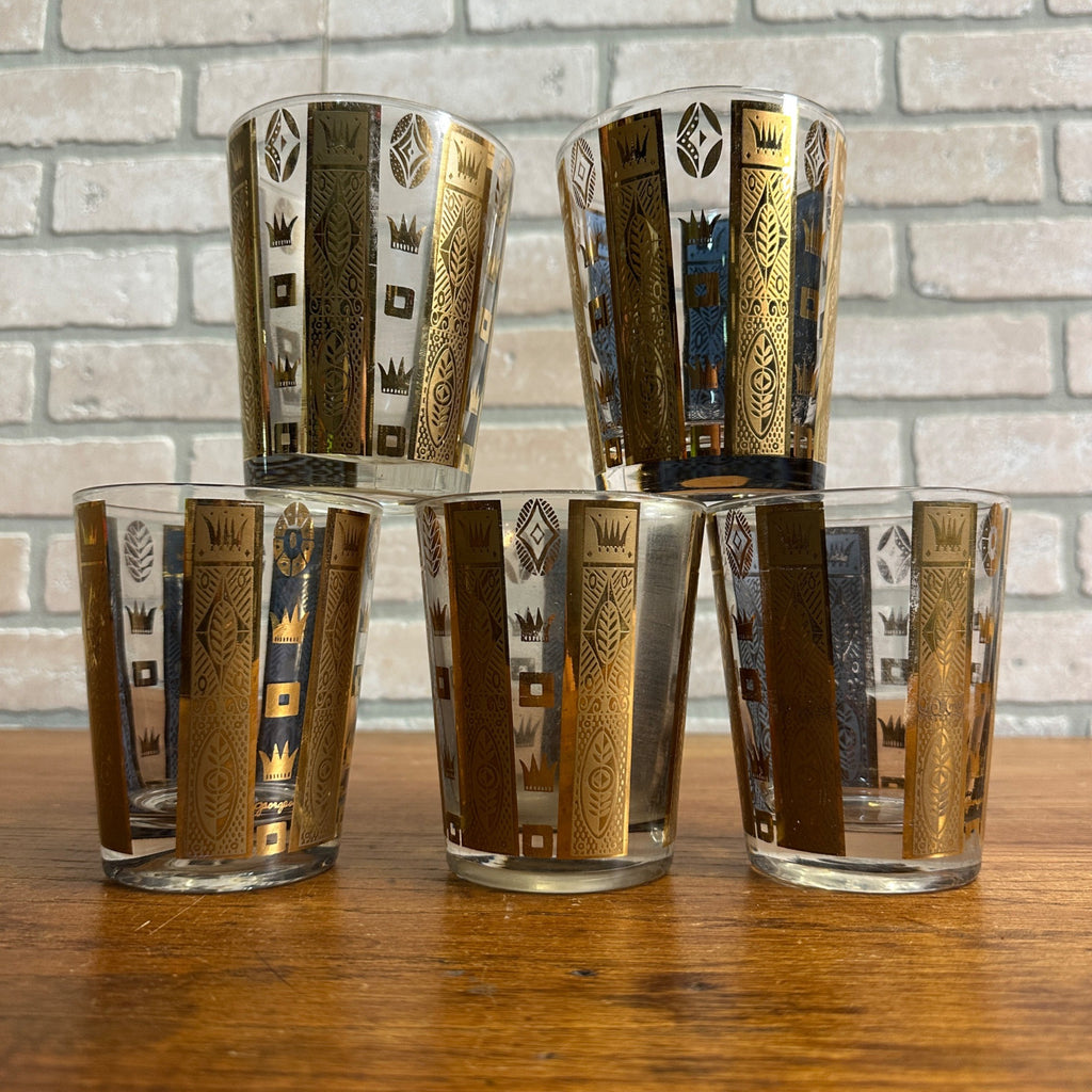 Vintage MCM Georges Briard Gold Crowns & Bars 22K Lowball Glasses Set (5) Signed