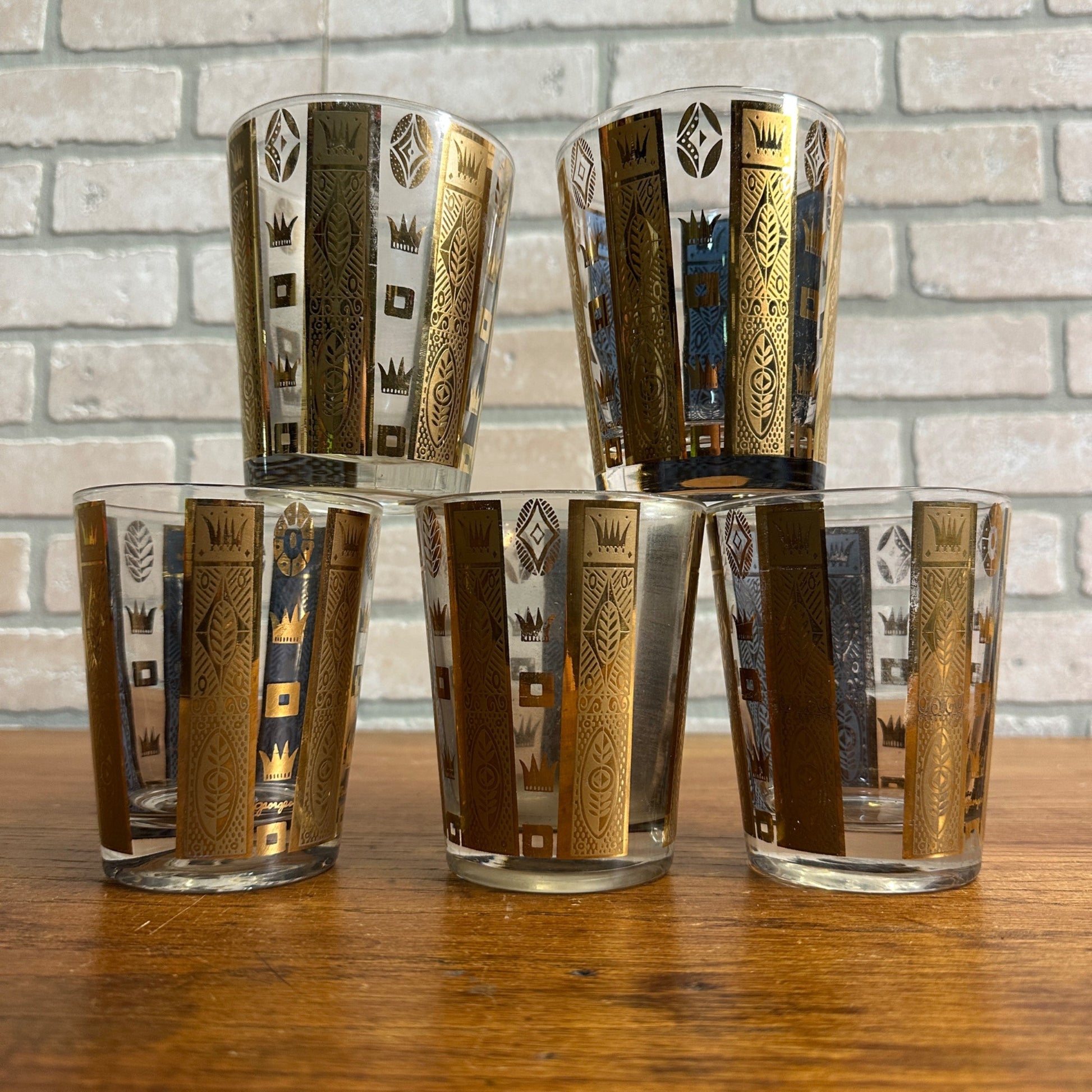 Vintage MCM Georges Briard Gold Crowns & Bars 22K Lowball Glasses Set (5) Signed