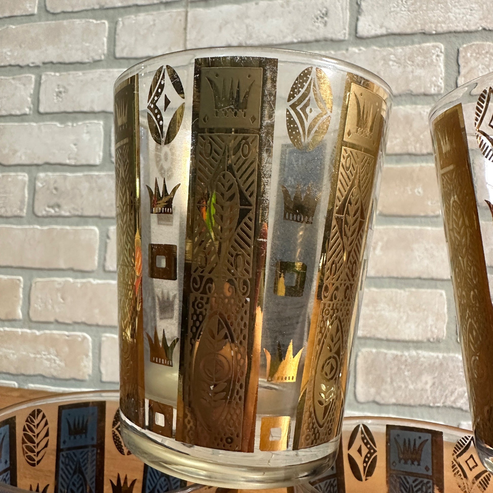 Vintage MCM Georges Briard Gold Crowns & Bars 22K Lowball Glasses Set (5) Signed