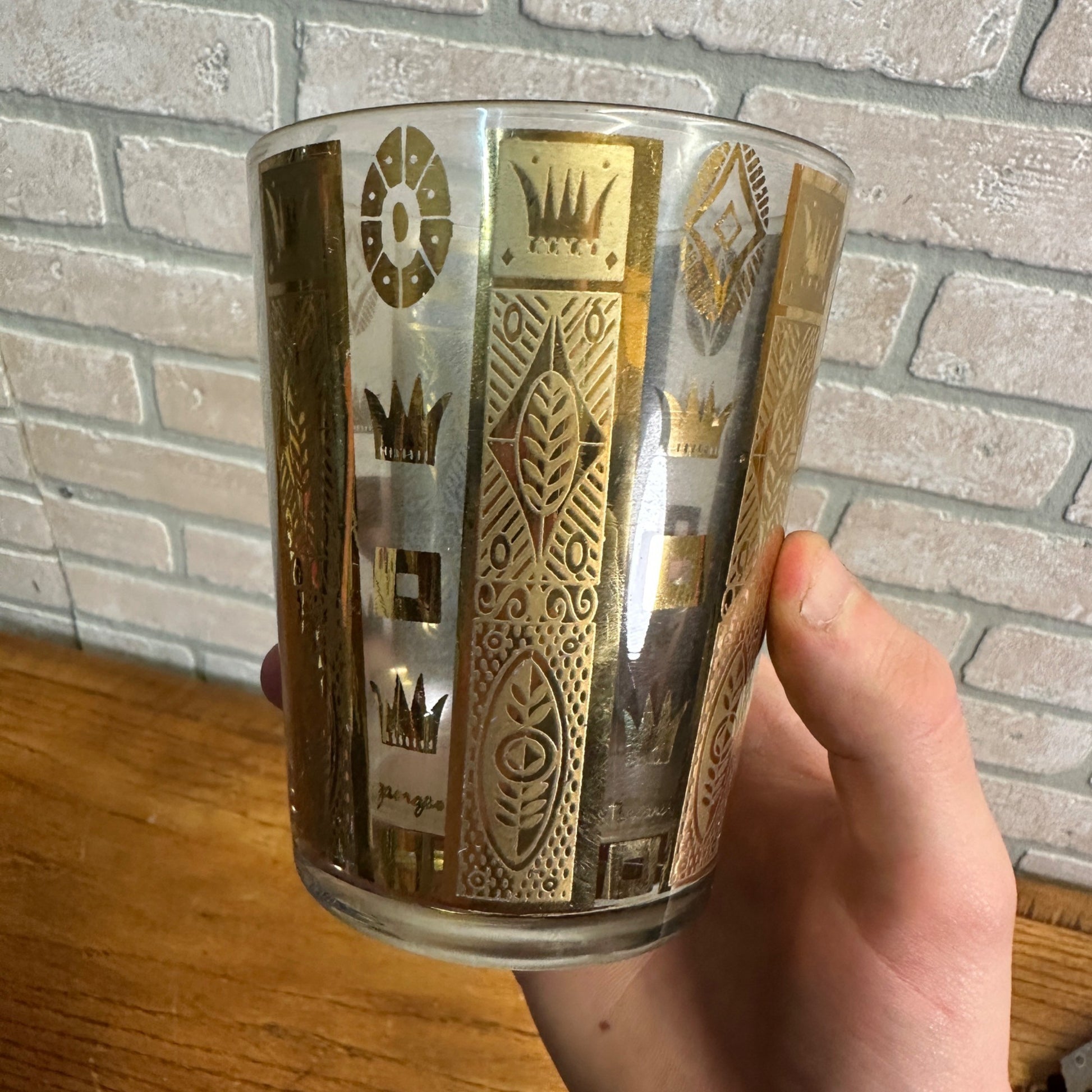 Vintage MCM Georges Briard Gold Crowns & Bars 22K Lowball Glasses Set (5) Signed
