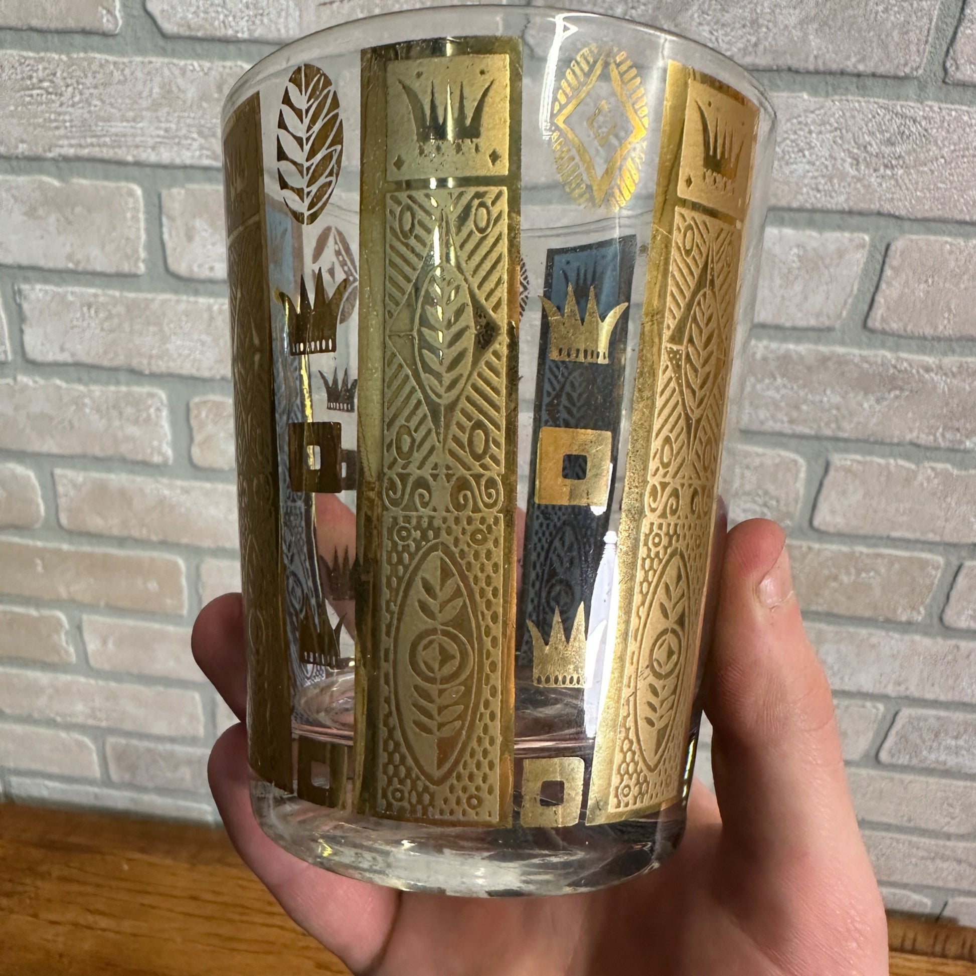 Vintage MCM Georges Briard Gold Crowns & Bars 22K Lowball Glasses Set (5) Signed