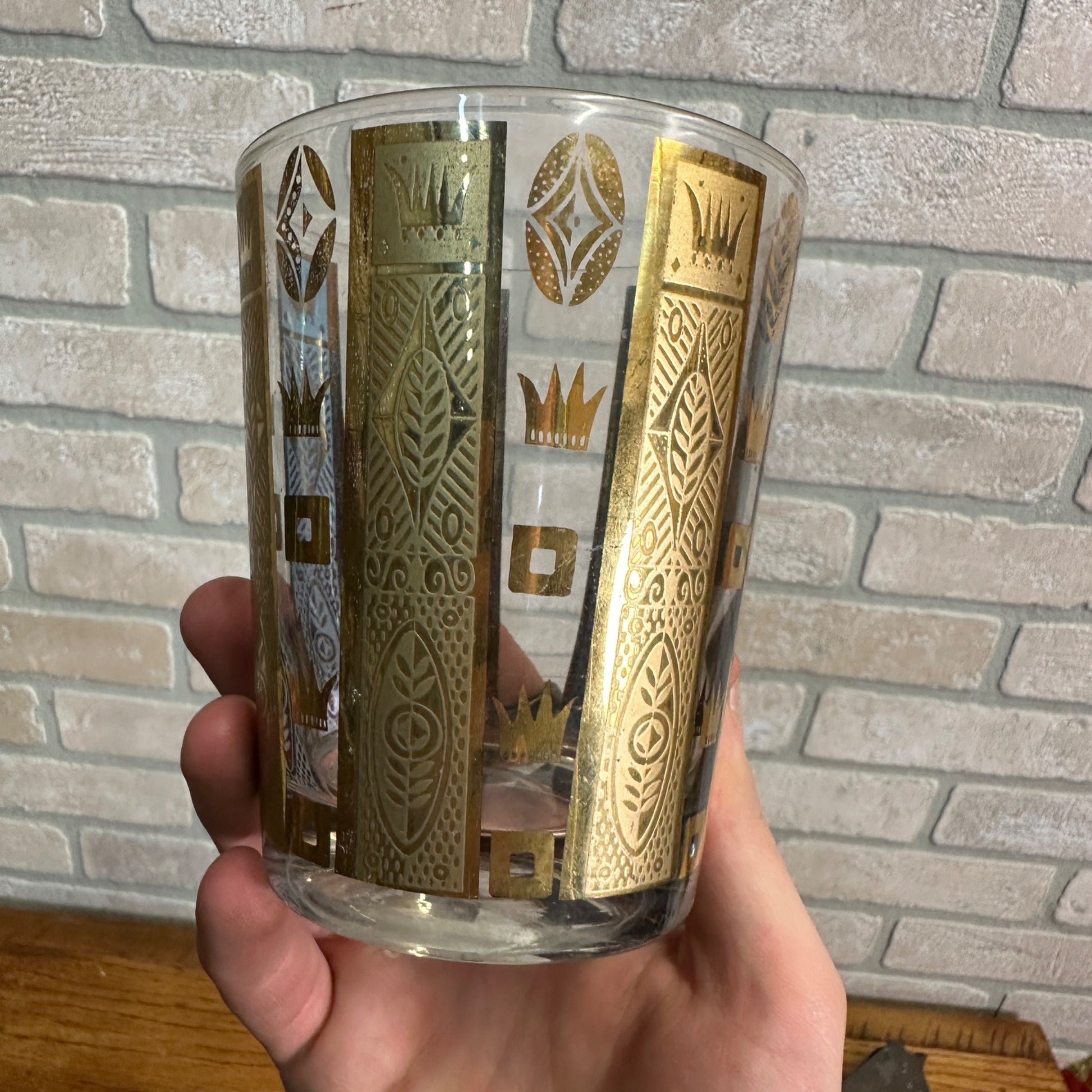Vintage MCM Georges Briard Gold Crowns & Bars 22K Lowball Glasses Set (5) Signed