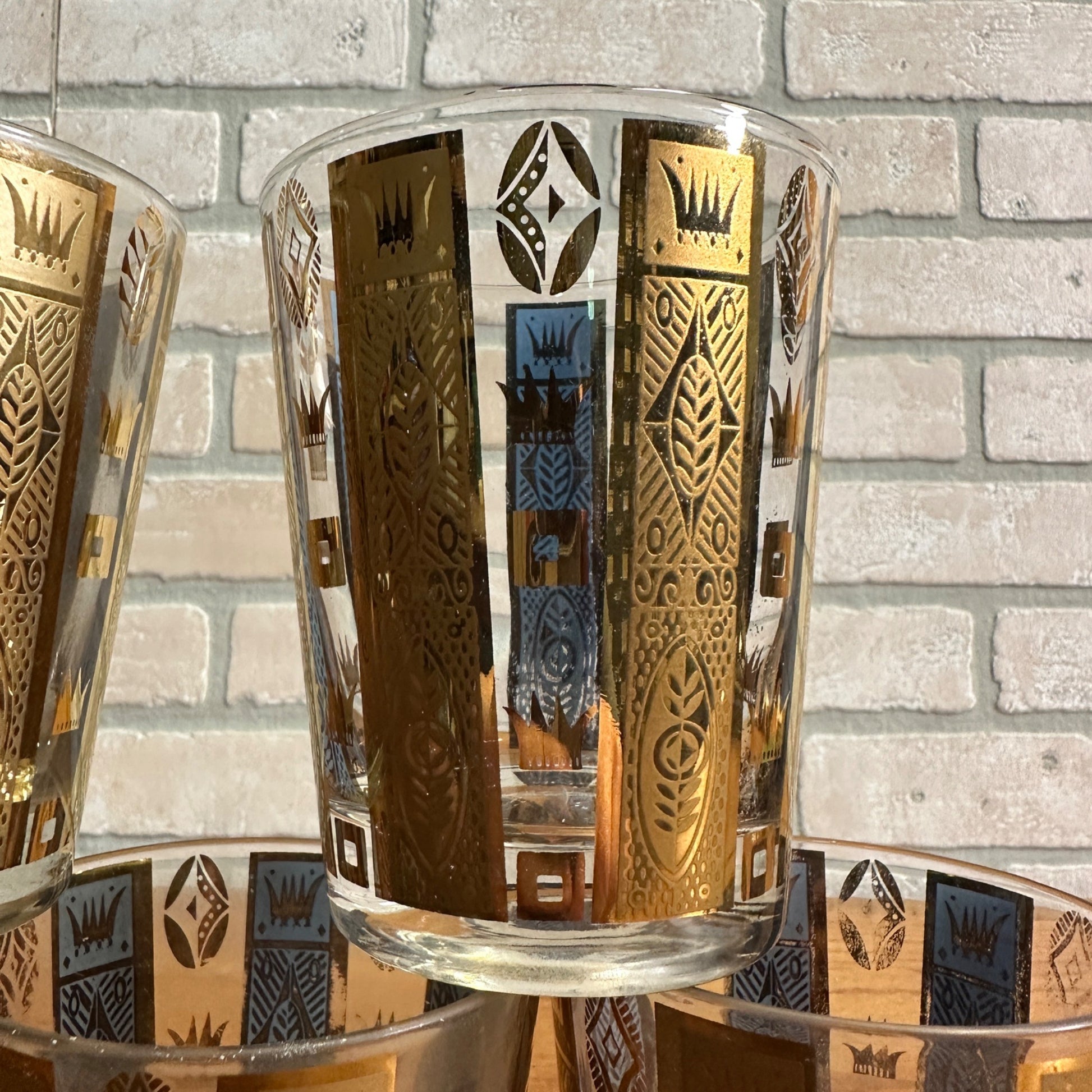 Vintage MCM Georges Briard Gold Crowns & Bars 22K Lowball Glasses Set (5) Signed