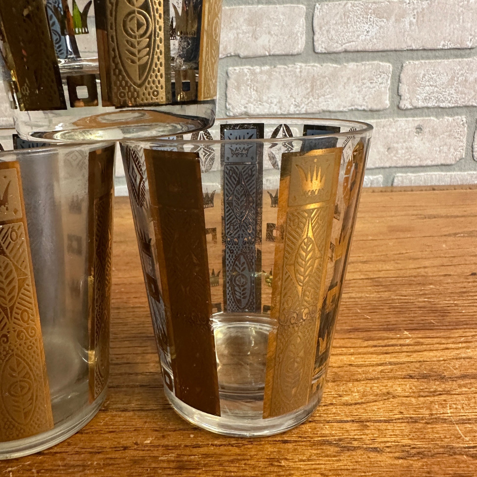 Vintage MCM Georges Briard Gold Crowns & Bars 22K Lowball Glasses Set (5) Signed