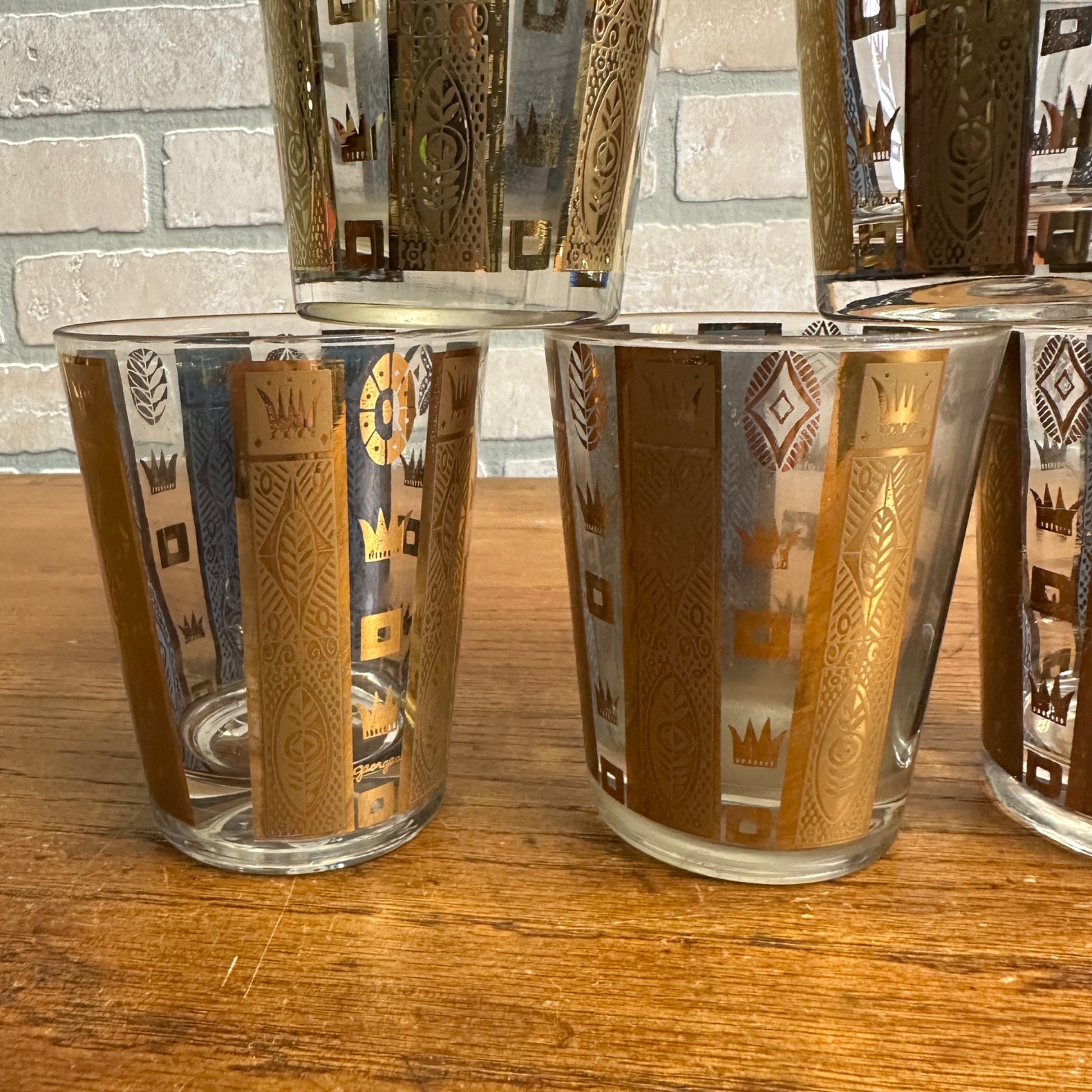 Vintage MCM Georges Briard Gold Crowns & Bars 22K Lowball Glasses Set (5) Signed