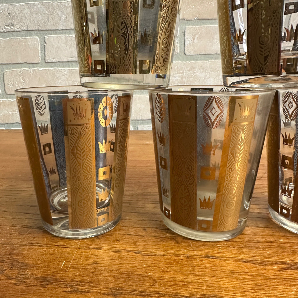 Vintage MCM Georges Briard Gold Crowns & Bars 22K Lowball Glasses Set (5) Signed