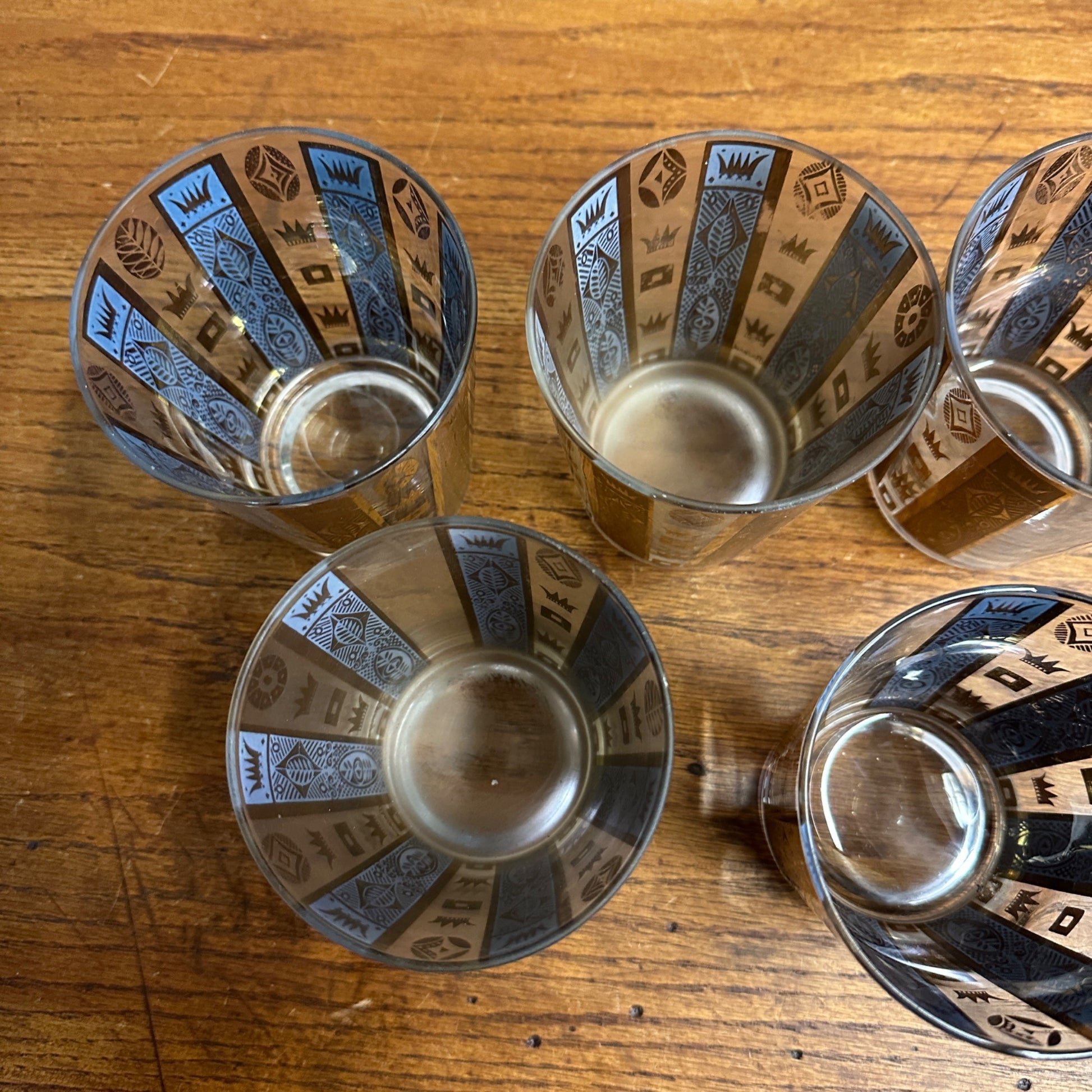 Vintage MCM Georges Briard Gold Crowns & Bars 22K Lowball Glasses Set (5) Signed