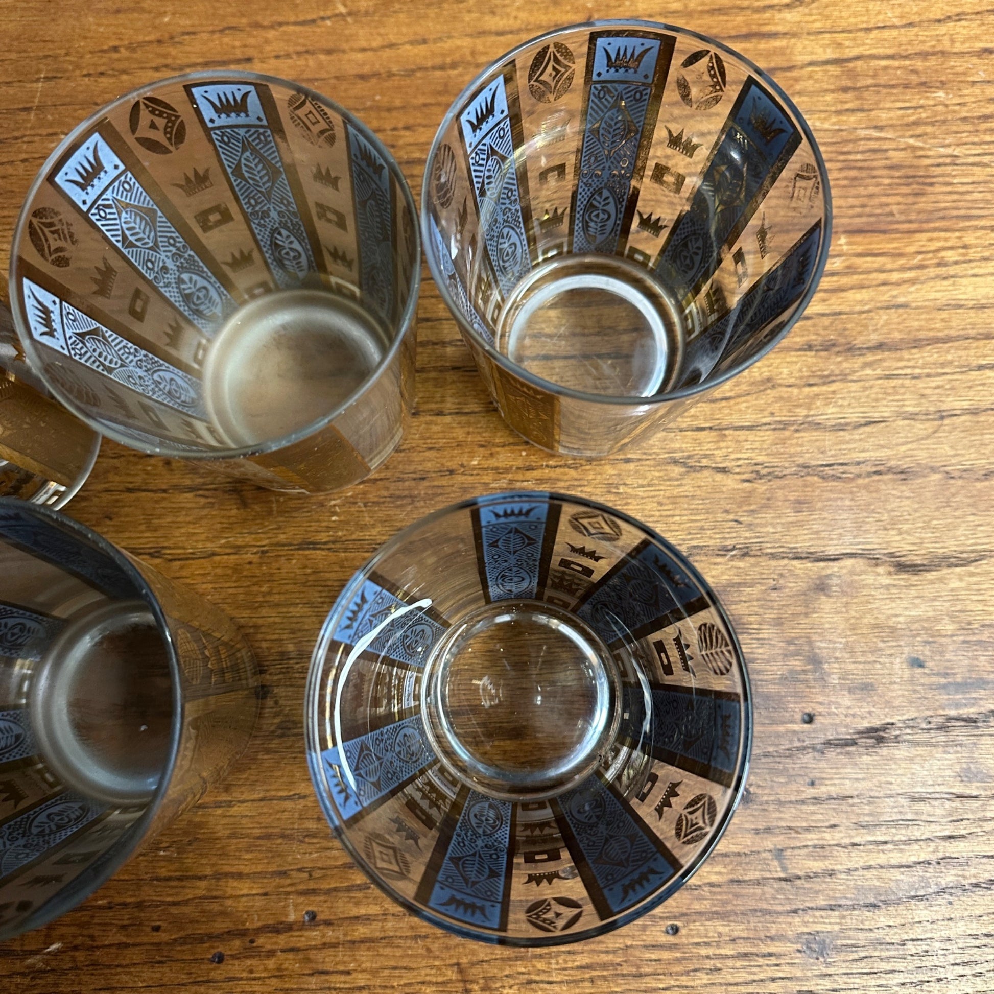 Vintage MCM Georges Briard Gold Crowns & Bars 22K Lowball Glasses Set (5) Signed