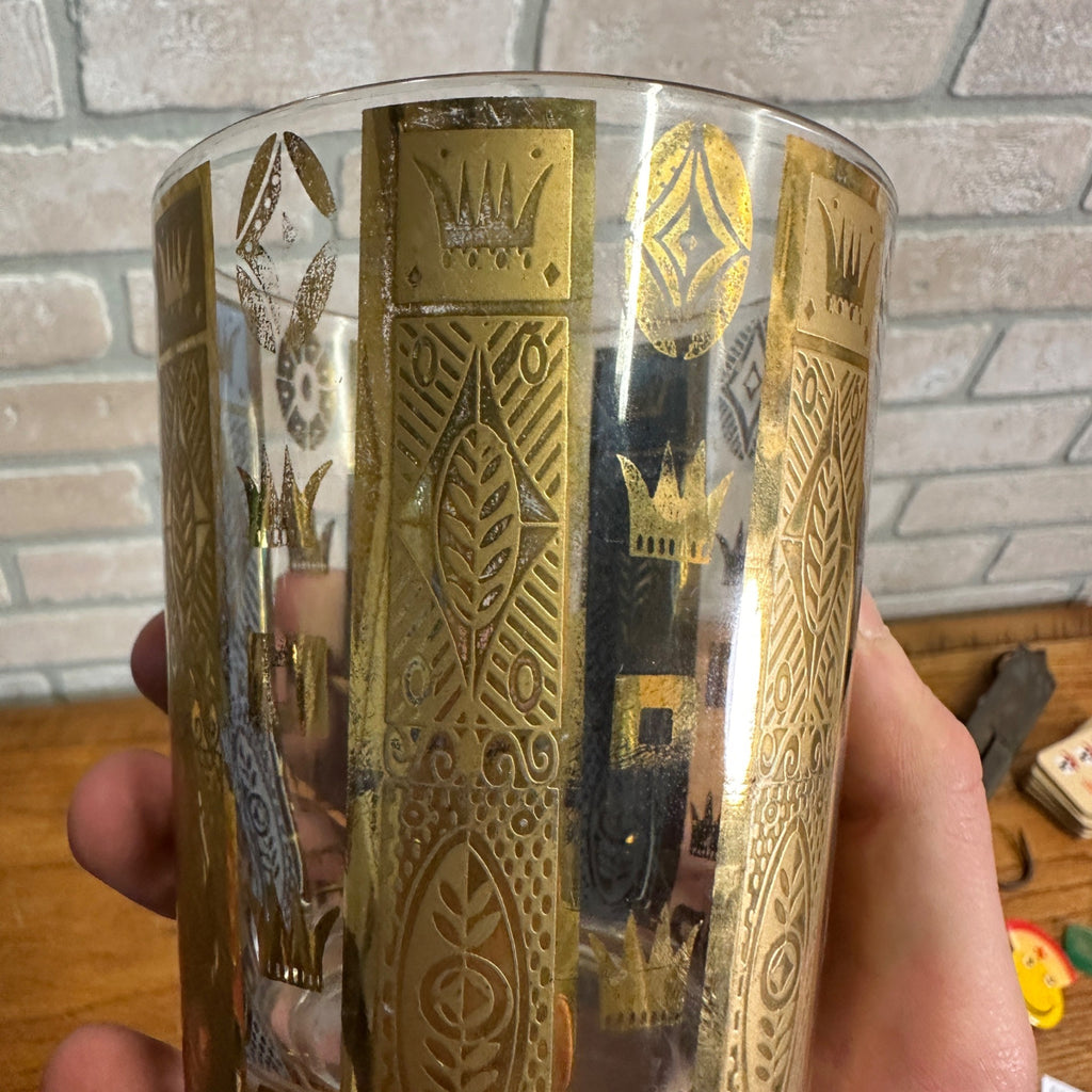 Vintage MCM Georges Briard Gold Crowns & Bars 22K Lowball Glasses Set (5) Signed