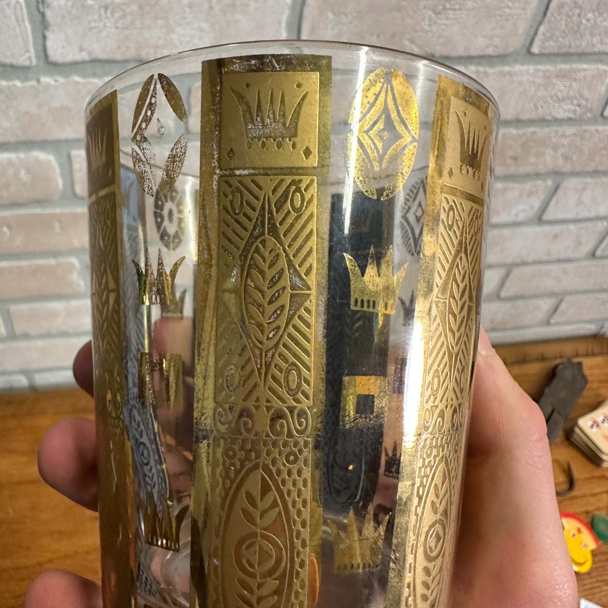 Vintage MCM Georges Briard Gold Crowns & Bars 22K Lowball Glasses Set (5) Signed