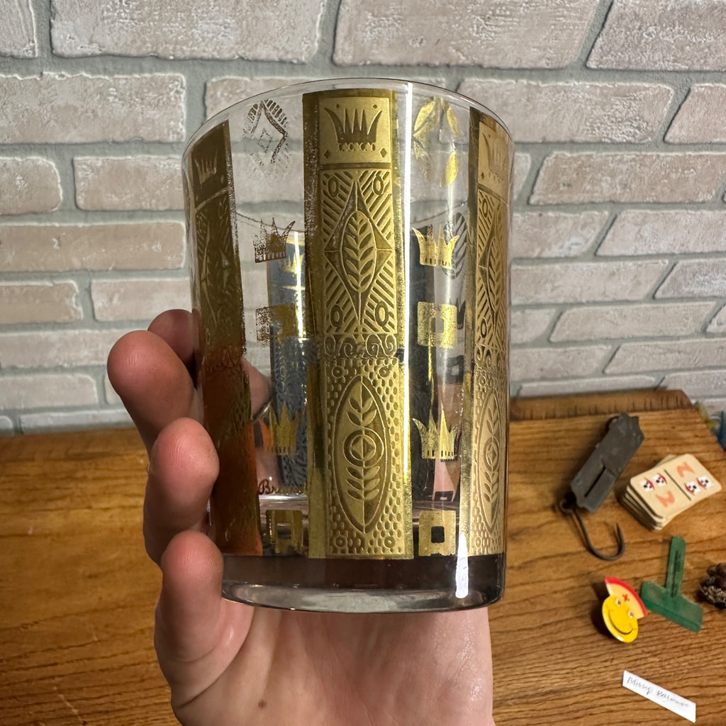 Vintage MCM Georges Briard Gold Crowns & Bars 22K Lowball Glasses Set (5) Signed