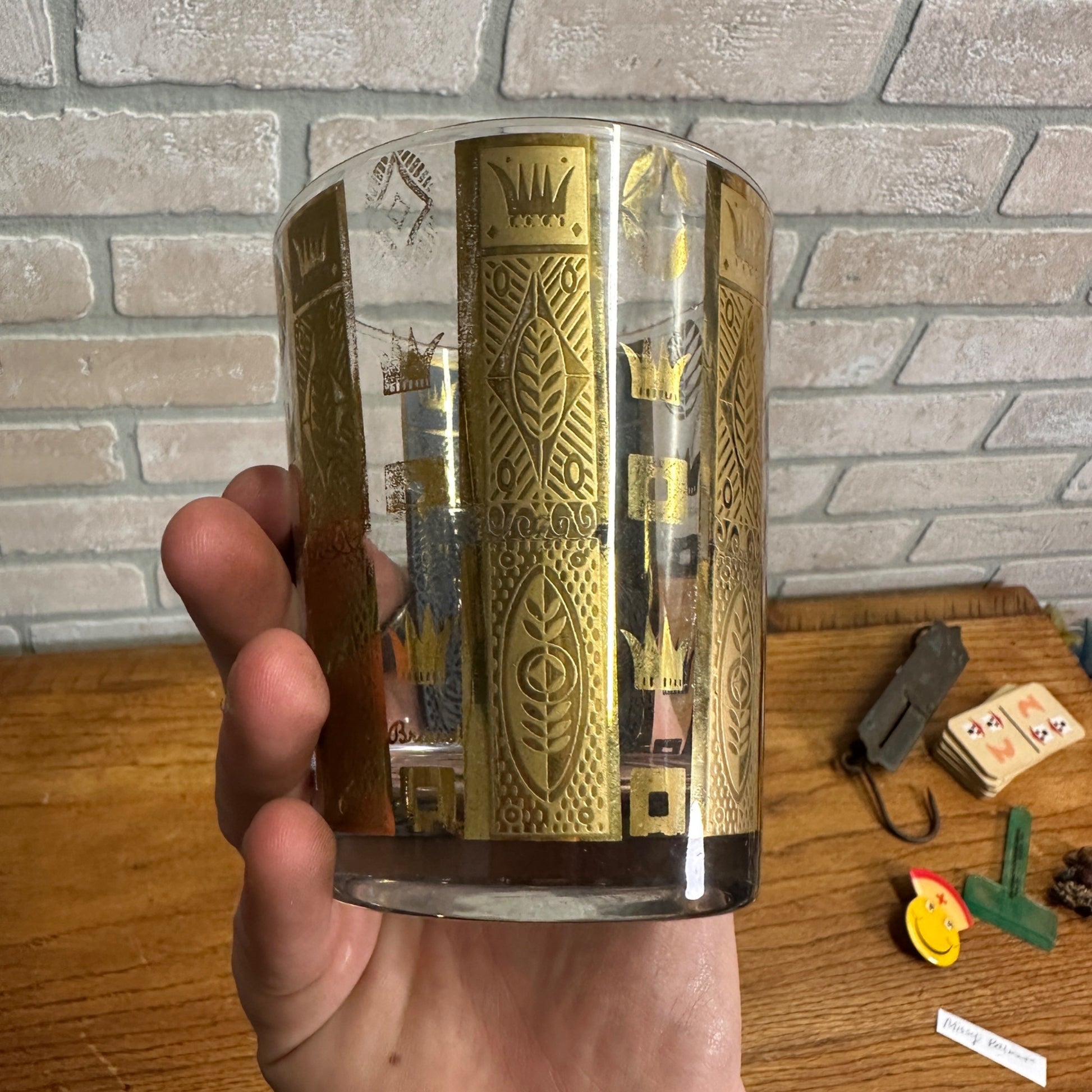 Vintage MCM Georges Briard Gold Crowns & Bars 22K Lowball Glasses Set (5) Signed