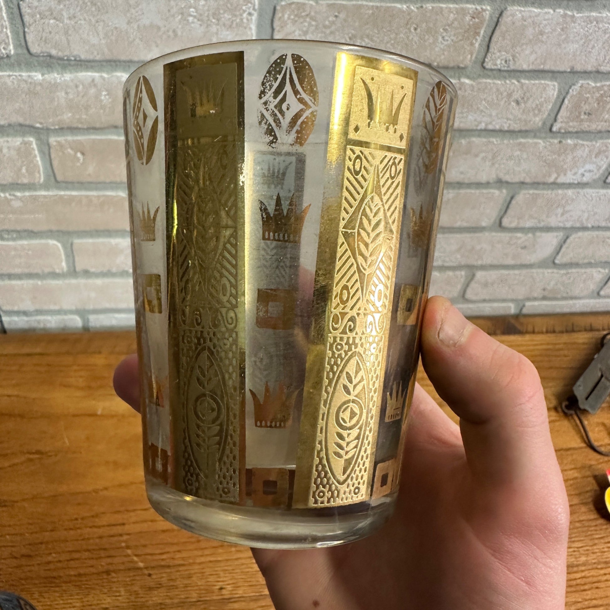 Vintage MCM Georges Briard Gold Crowns & Bars 22K Lowball Glasses Set (5) Signed