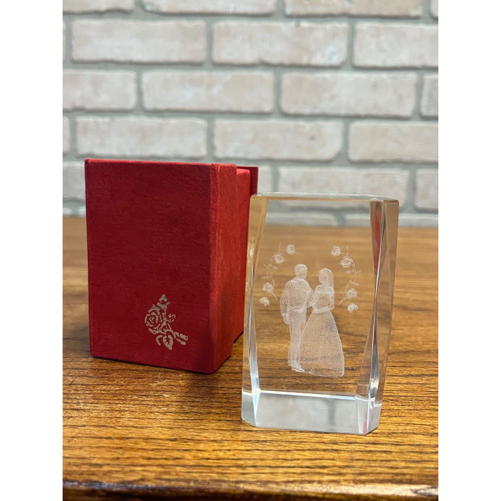 Crystal Glass Bride & Groom Paperweight Laser-cut Block Wedding Gift 3"