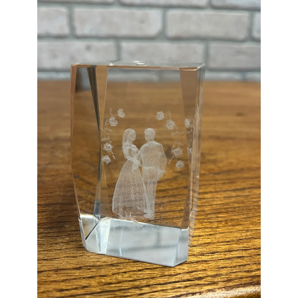 Crystal Glass Bride & Groom Paperweight Laser-cut Block Wedding Gift 3"