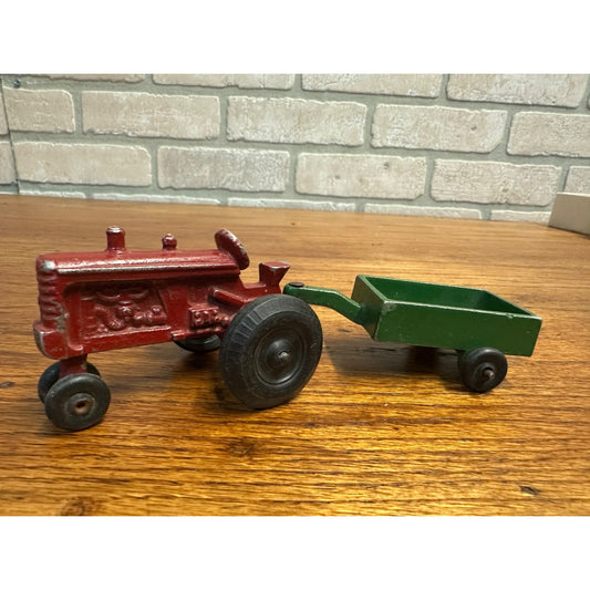 Vintage Slik Farm Toys Red Tractor w/ Green Cart Trailer Wagon Metal 6.5"