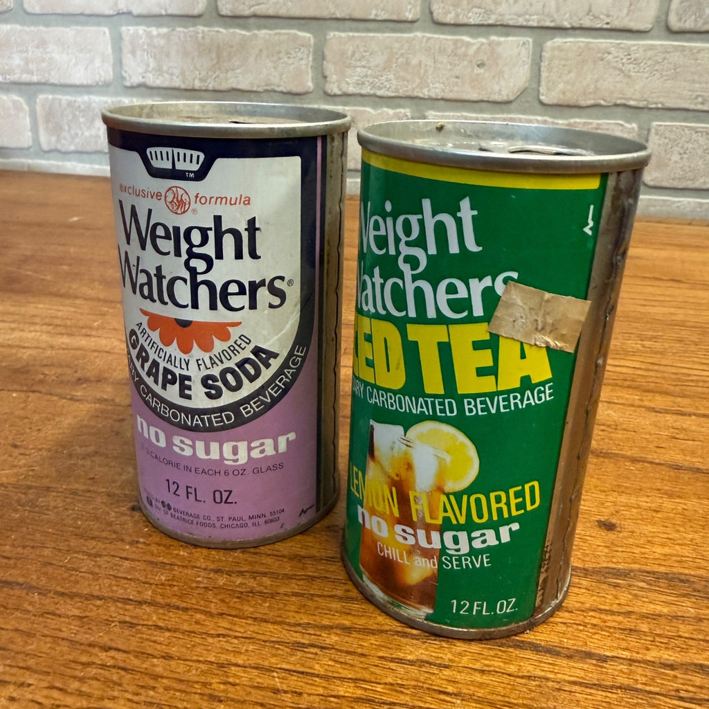 Vintage 1970s Weight Watchers Grape Soda & Ice Tea Pull Tab Straight Soda Can